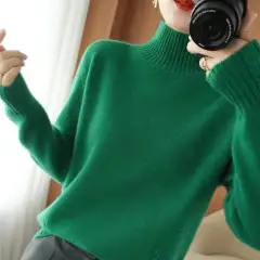 Autumn And Winter New Trendy Semi-high Collar Sweater Women's Solid Colour Knitted Bottoming Shirt - Green - View 1