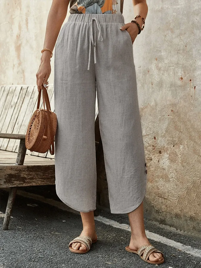Cotton And Linen Drawstring Cropped Loose Pockets Casual Pants - Light Gray