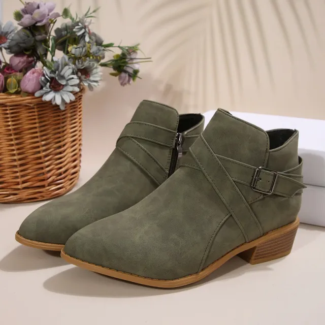 Fashionable Chunky Heel Leather Belt Clasp Side Zip Ankle Boots Green - Shop at LoveMi