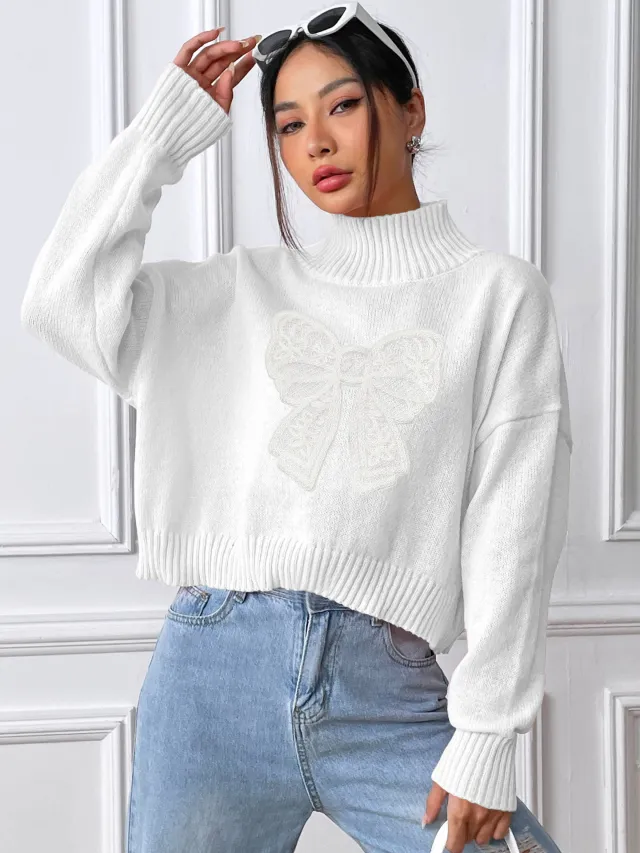 Women's Short Top Turtleneck Pullover Bow White Butterfly - Shop at LoveMi