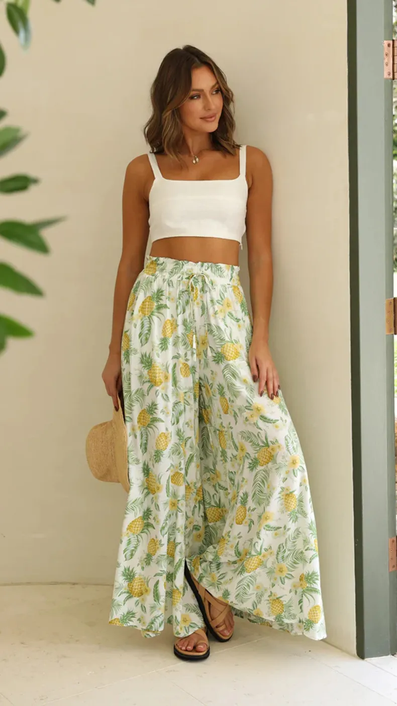 Spring And Summer Casual Wide-leg Popular Loose Casual Fashion Trousers - Pineapple Print