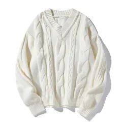 Men's Loose All-match Casual Twist Round Neck Sweater - White - View 1