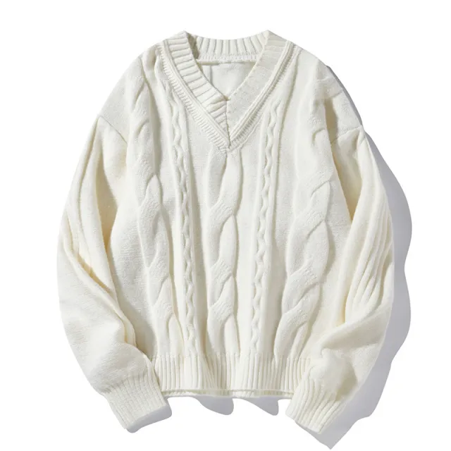 Men's Loose All match Casual Twist Round Neck Sweater White - Shop at LoveMi