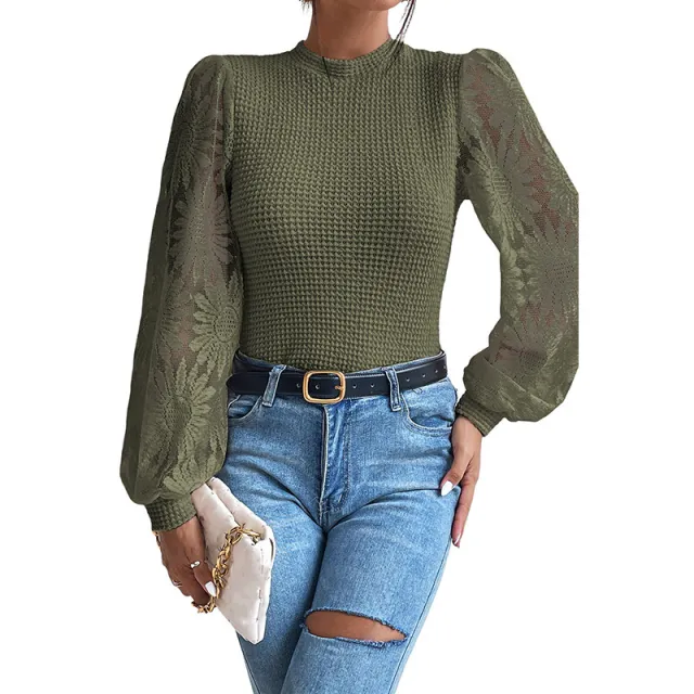 Knitwear Women's Fashionable Lace Stitching Hollow out Long sleeved Top Lc25123775 P609 - Shop at LoveMi