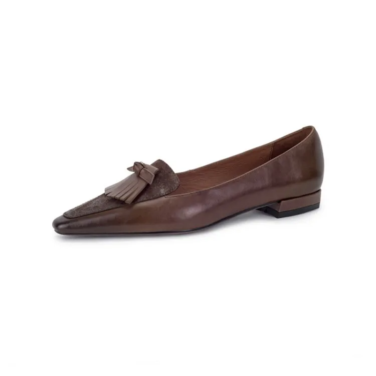Cowhide Retro Women's Low Heel Low-cut Thick Heel Flat Loafers - Wine