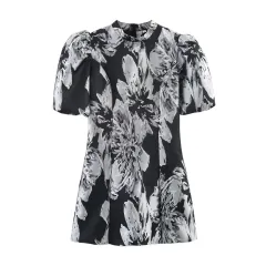 Fashion Hem Jacquard Puff Sleeve Dress Short Elegant Women - Black - View 1