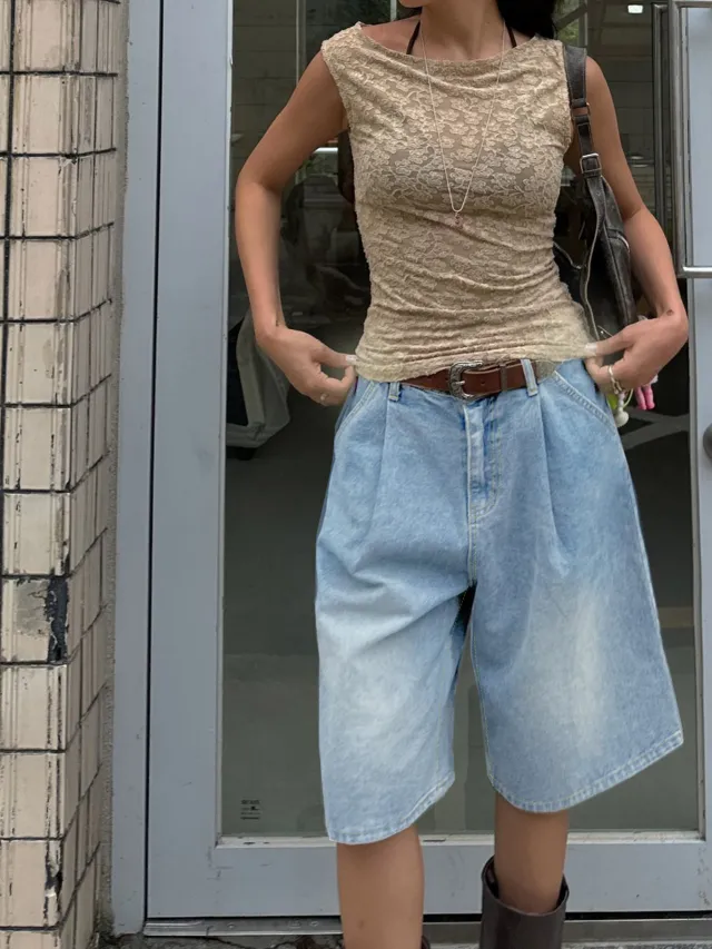 Retro Pleated Wide Leg Straight Denim Shorts Without Belt Light Blue - Shop at LoveMi