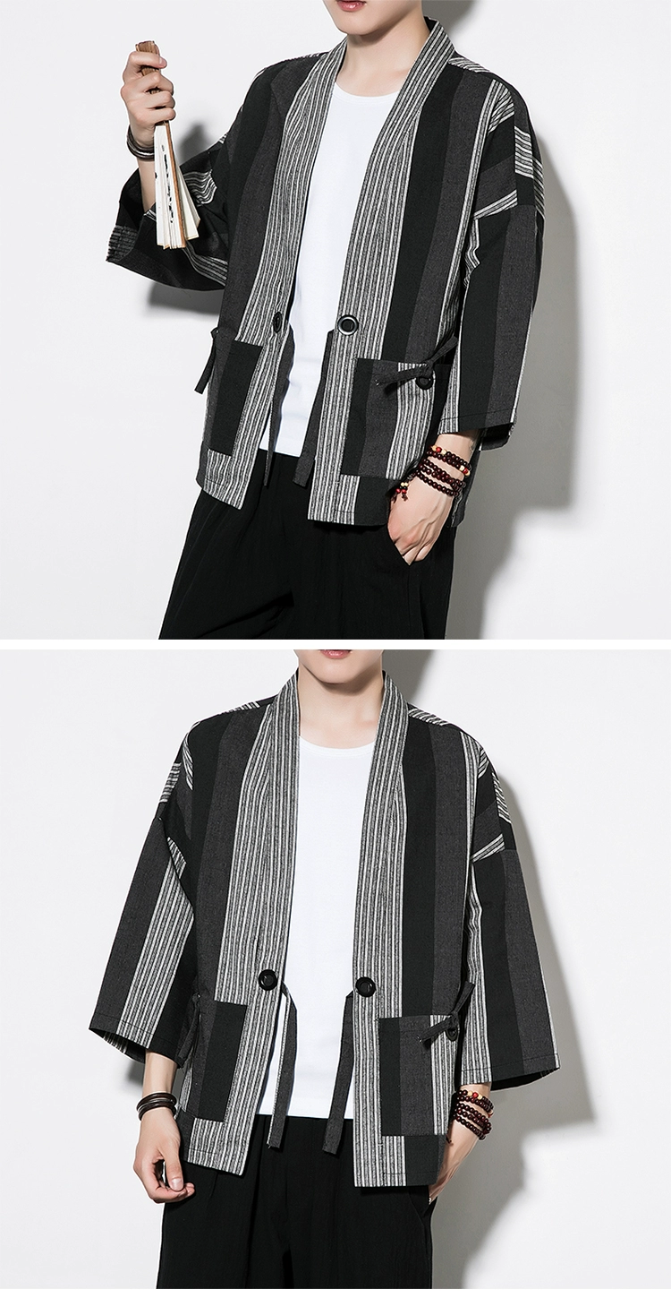 Chinese Style Summer Men's Striped Cotton Linen Vintage Cardigan