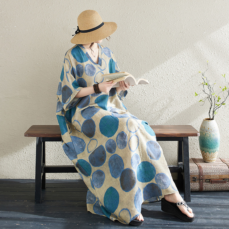 Ethnic Style V-neck Printed Striped Dress Women