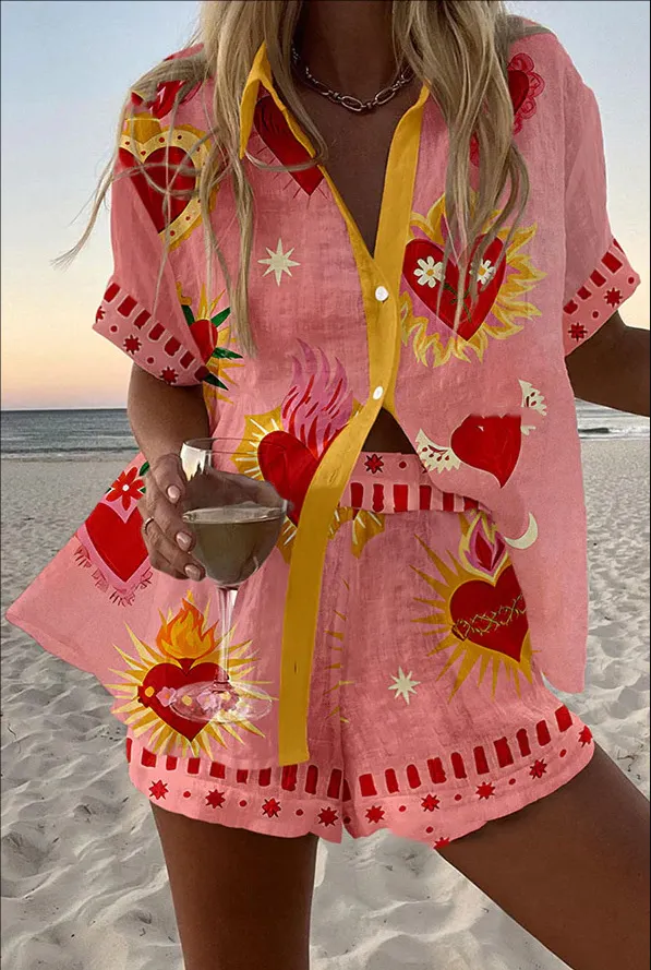 Women's Fashion Printed Casual Vacation Style Cardigan Shorts Suit Color09 - Shop at LoveMi