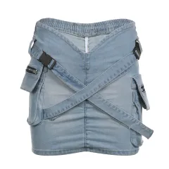 Cross School Bag Buckle Pleated V-shaped Waist Workwear With Pocket Denim Skirt - Light Blue - View 1