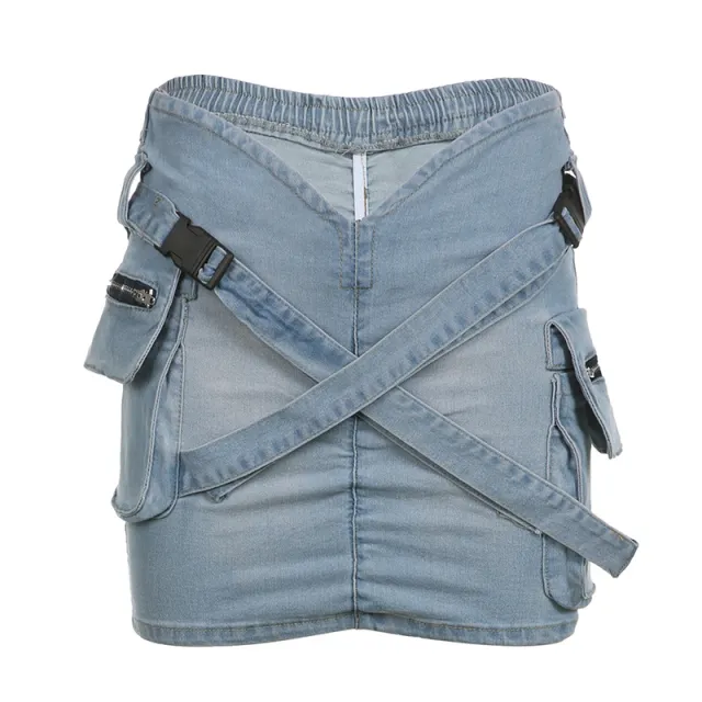 Cross School Bag Buckle Pleated V shaped Waist Workwear With Pocket Denim Skirt Light Blue - Shop at LoveMi