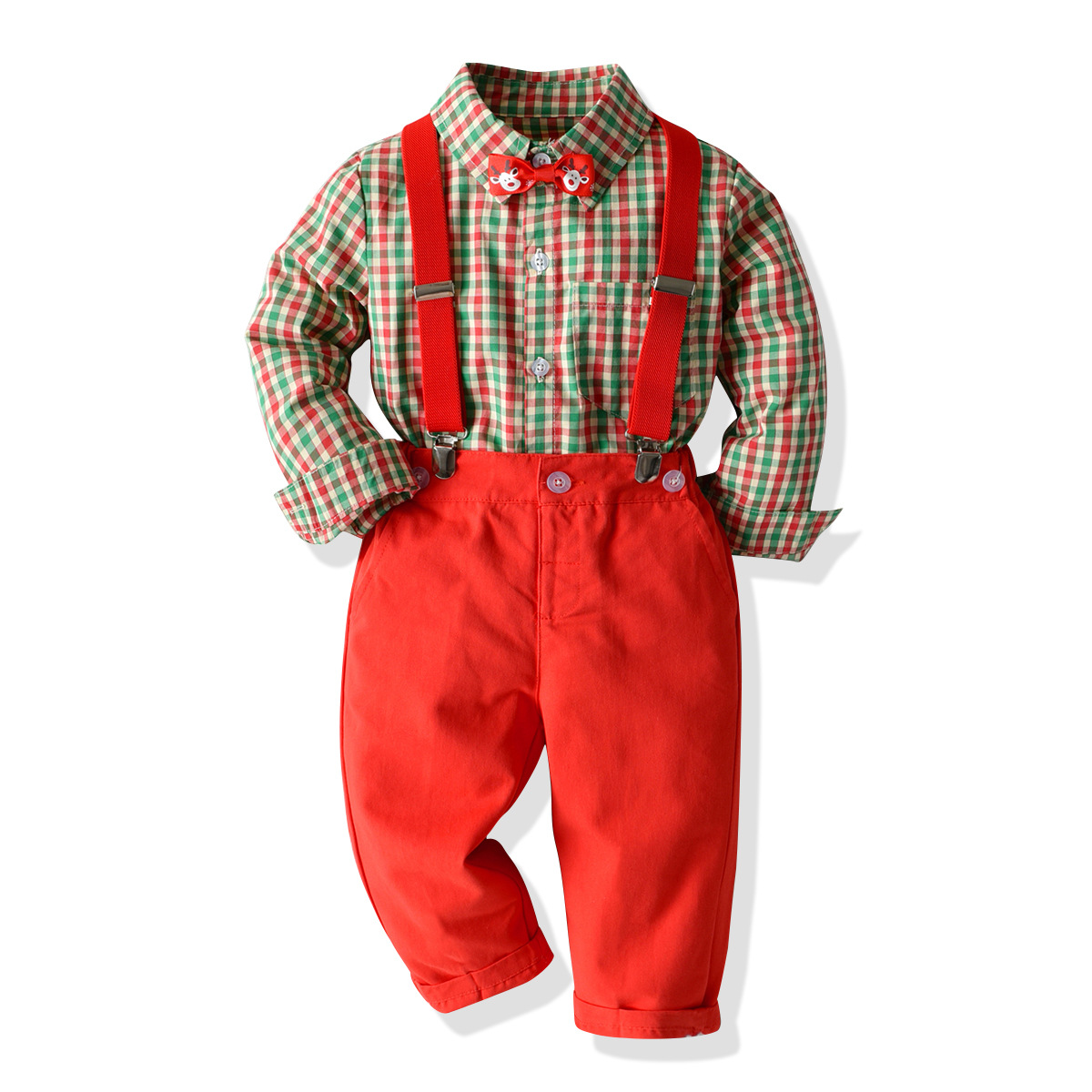Boys' Plaid Shirt Bow Tie Overalls Party Dress