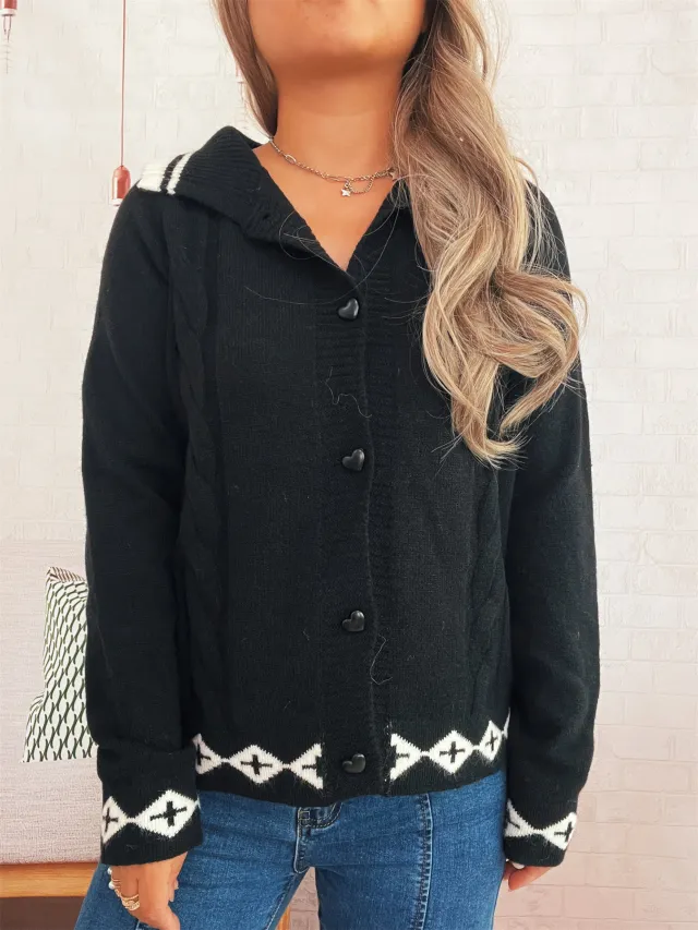 Retro Pattern Cute Love Button Lapel Long Sleeve Sweater Black - Shop at LoveMi