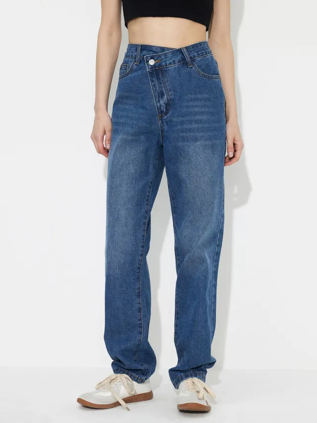 Fashion Trendy And Thin Looking Casual High Waist Loose Denim Trousers Dark Blue 1 - Shop at LoveMi