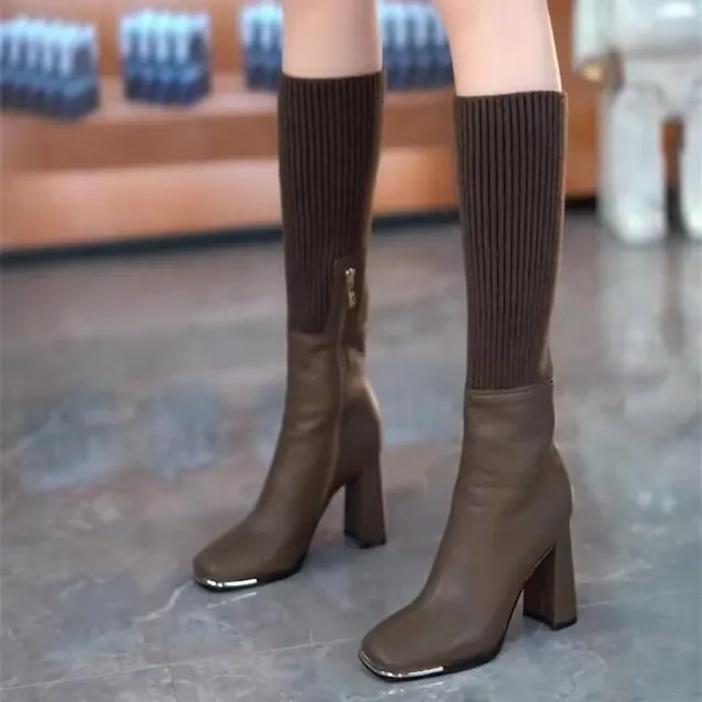 Women's Autumn And Winter Knitting Stretch Socks Square Head Chunky Heel Long Boots Brown - Shop at LoveMi