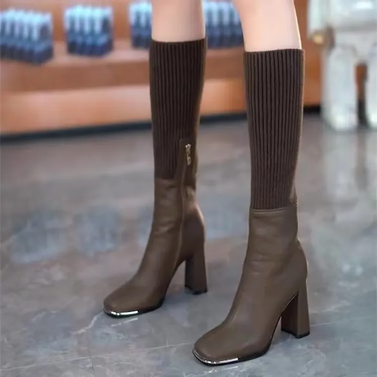 Women's Autumn And Winter Knitting Stretch Socks Square Head Chunky Heel Long Boots - Brown