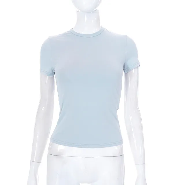 Solid Color Round Neck Short Sleeves Basic Blue - Shop at LoveMi