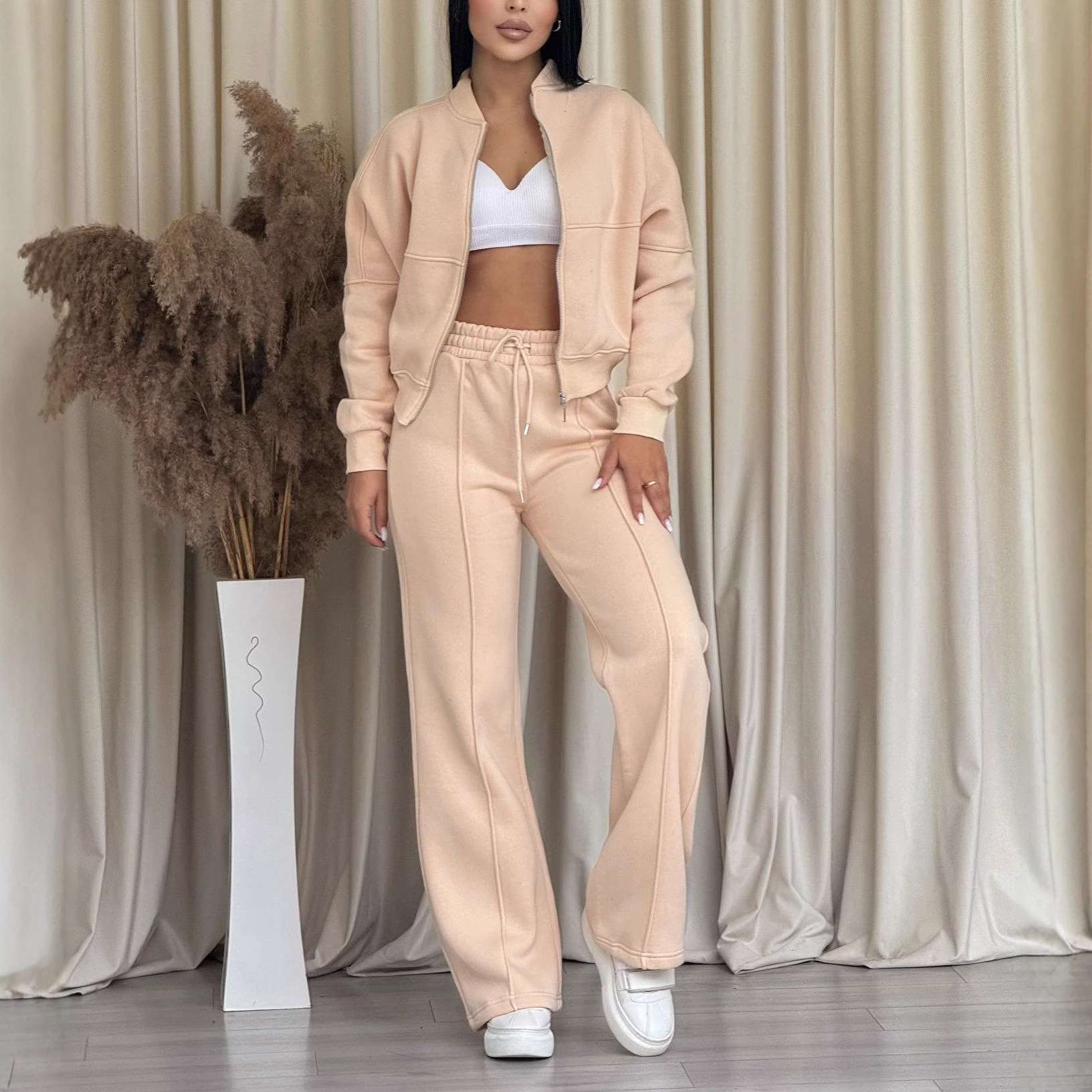 Women's Long-sleeve Hoodie And Zip-up Pants Two-piece Set