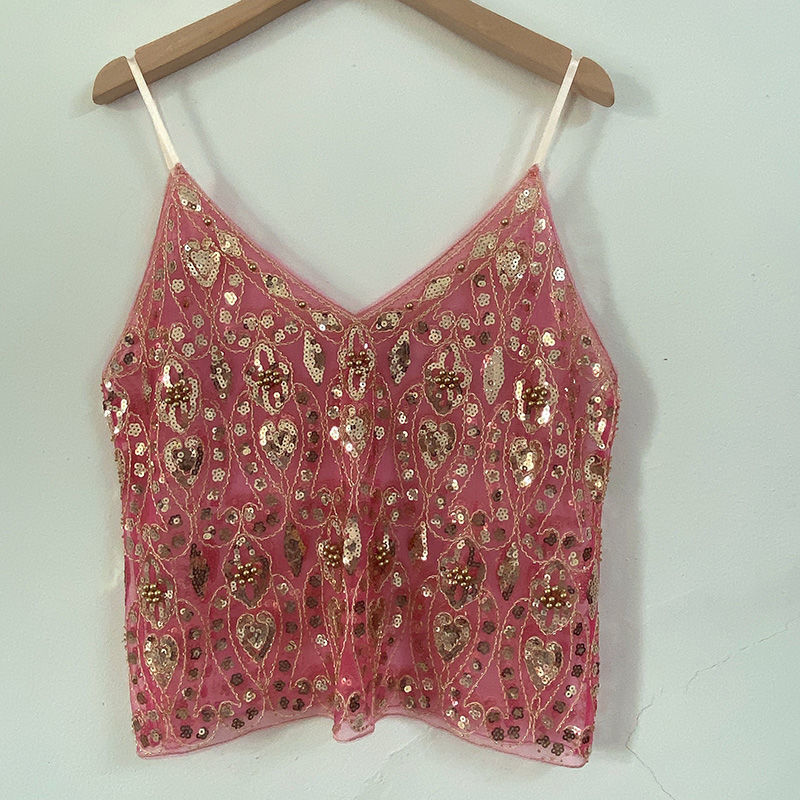 Heavy Embroidery Sequins Beaded Inner V-neck Vest