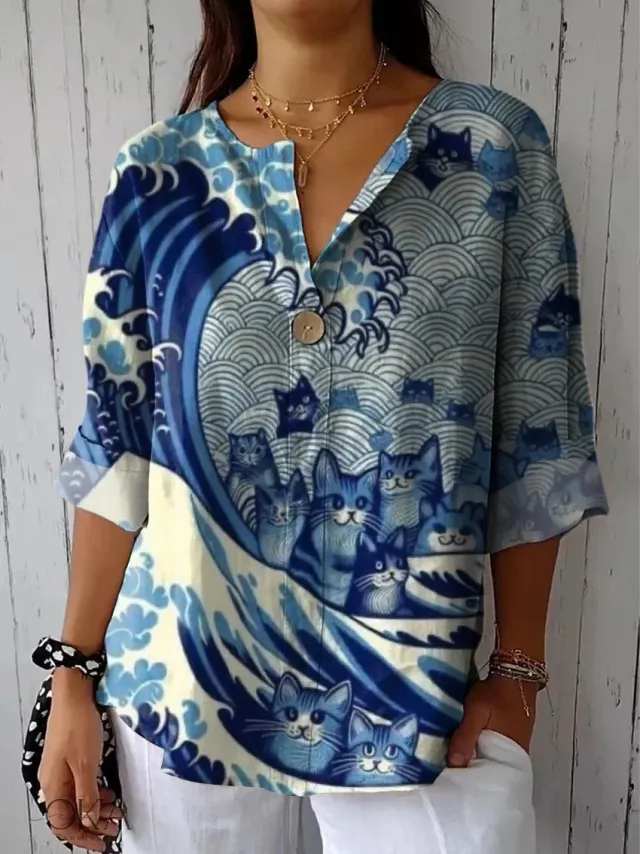 Summer New 3D Printed Women's Fashion V neck Long Sleeve Shirt Top Zj1023 S - Shop at LoveMi