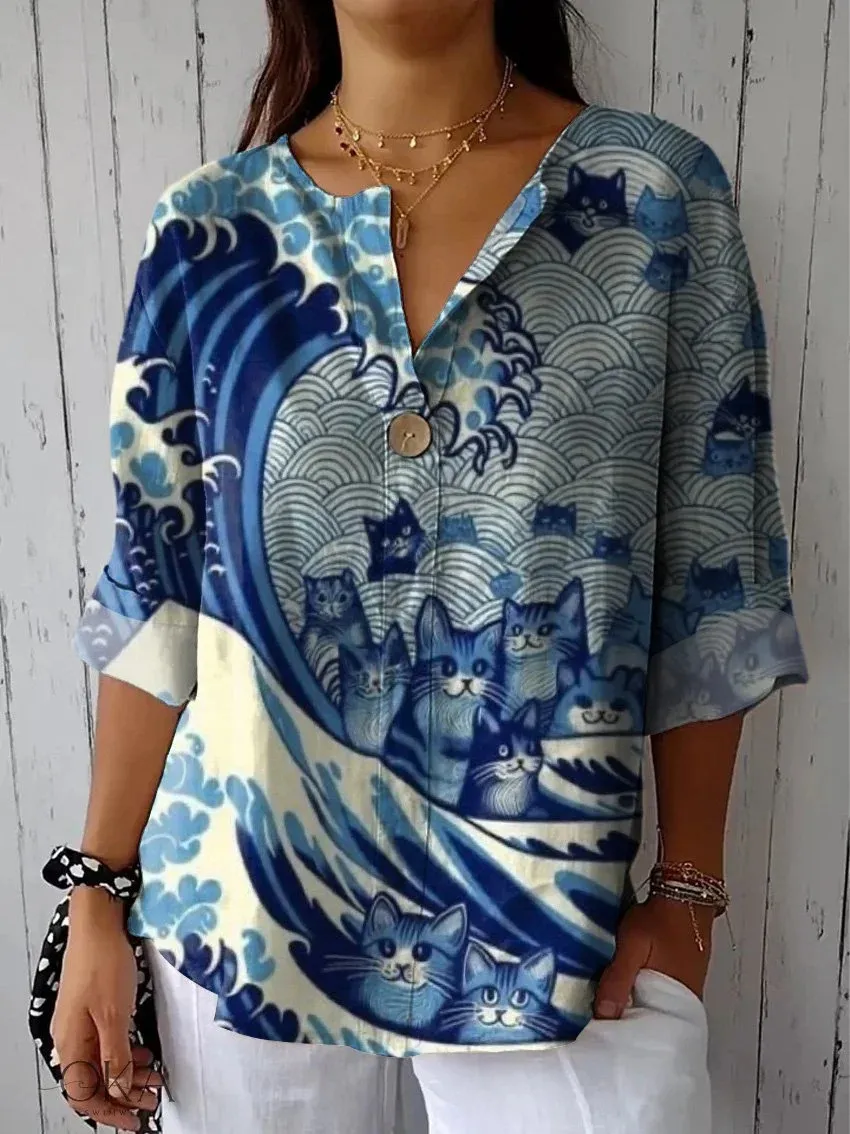 Summer New 3D Printed Women's Fashion V-neck Long Sleeve Shirt Top - Zj1023-S
