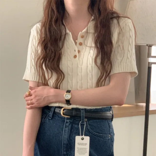 Niche Temperament Polo Collar Hemp Pattern Design Loose Leisure All matching Short Sleeve Beige - Shop at LoveMi