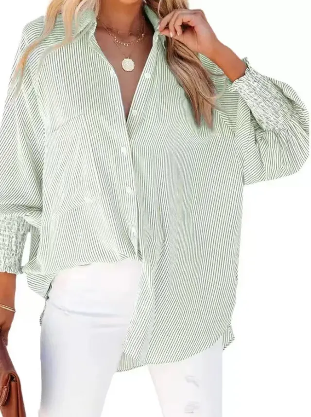 Striped Long Sleeve Loose Casual Blouse Beach Sun Protection Shirt Light Green - Shop at LoveMi