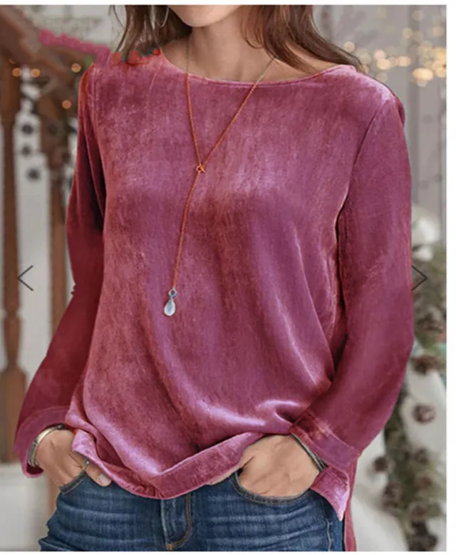 Solid Color Velvet Round Neck Pullover Long Sleeve Sweater Pink - Shop at LoveMi