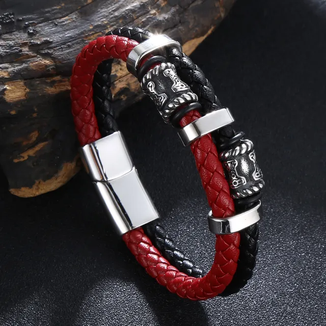 Handmade Colorblock Leather Stainless Steel Beaded Vintage Men's Bracelet Red And Black Leather - Shop at LoveMi