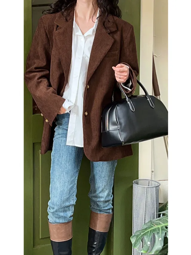 Retro Heavy Industry Metal Buckle Corduroy Suit Jacket Sugar Brown - Shop at LoveMi