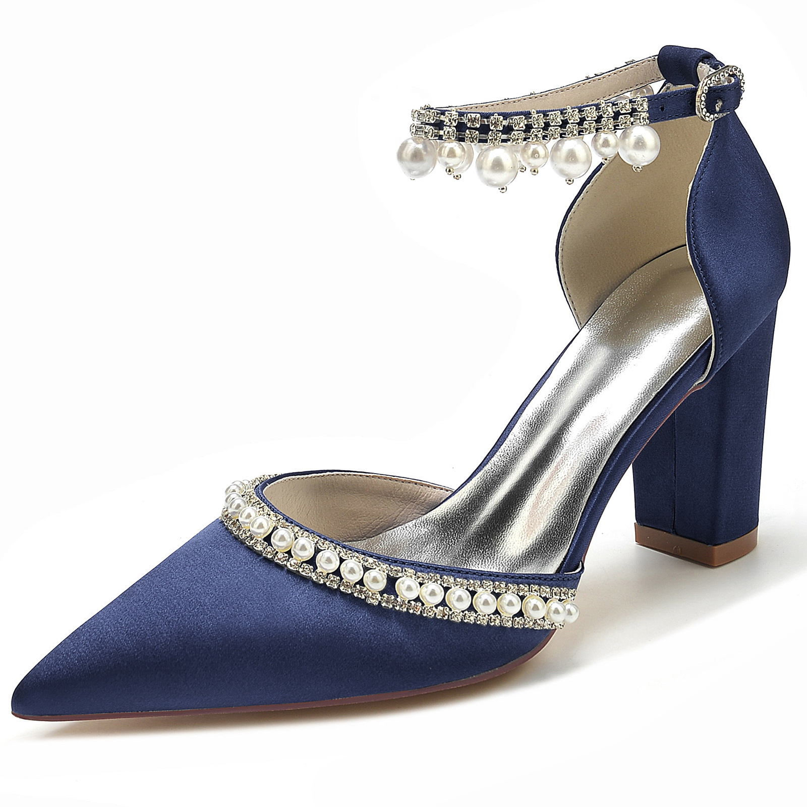 Title 12, Satijnen pumps met spitse neus, blokhak, strass...