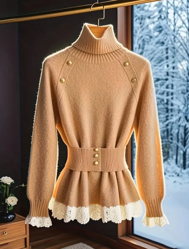 Elegant Lace Stitching Belt Knitted Top Khaki - Shop at LoveMi