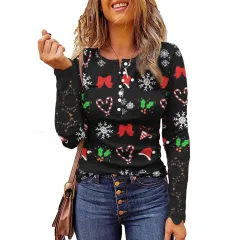 Lace Christmas Printed Button Round Neck Long Sleeve Bottoming Shirt - Picture Flower 5 - View 1