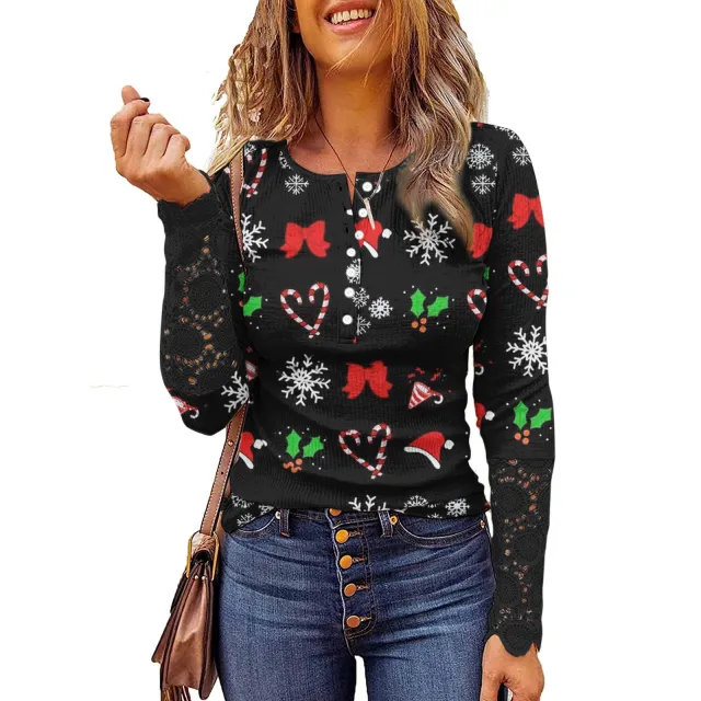 Lace Christmas Printed Button Round Neck Long Sleeve Bottoming Shirt Picture Flower 5 - Shop at LoveMi