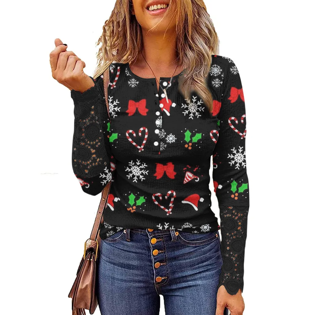 Lace Christmas Printed Button Round Neck Long Sleeve Bottoming Shirt - Picture Flower 5