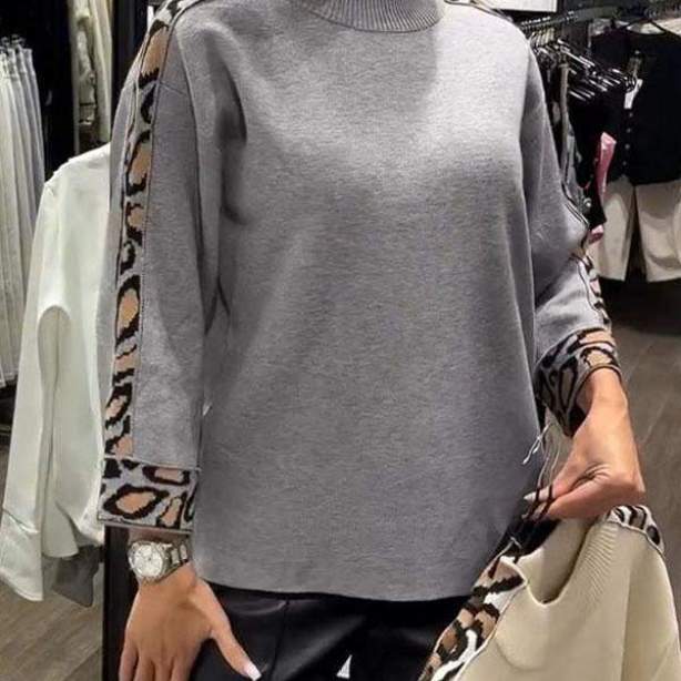 Fashion Women's Turtleneck Long Sleeve Leopard Splicing Top