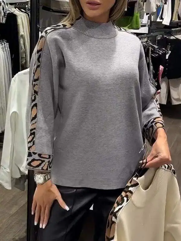 Fashion Women's Turtleneck Long Sleeve Leopard Splicing Top Gray - Shop at LoveMi