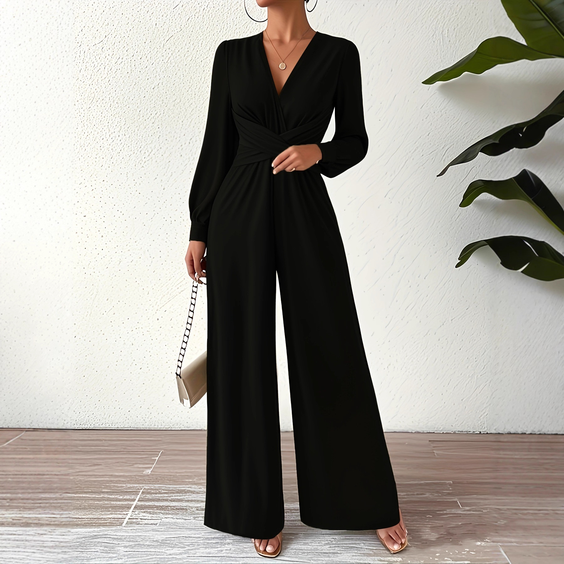 Women's  Elegant V Neck Cross Tie Waist Jumpsuit - Image 2