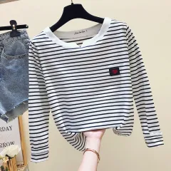 New Fashionable Loose All-match Striped Long Sleeve Bottoming Top Women - White - View 1