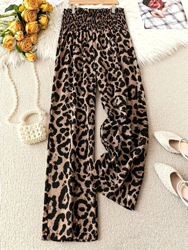 Leopard Print Floral Print Casual Jumpsuit Elastic Waist Loose Wide Leg Pants Leopard Print - Shop at LoveMi