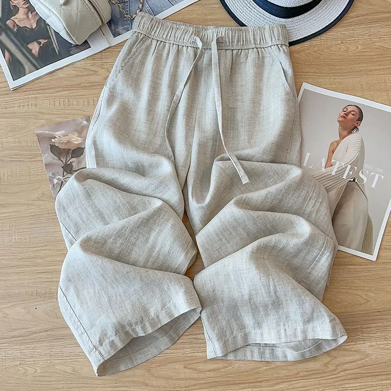 High Waist Drape Linen Cropped Straight Pants - Optic Linen-2Xl