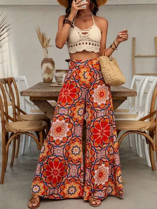 Women's Personalized Printing Bell bottom Pants Orange Red - Shop at LoveMi