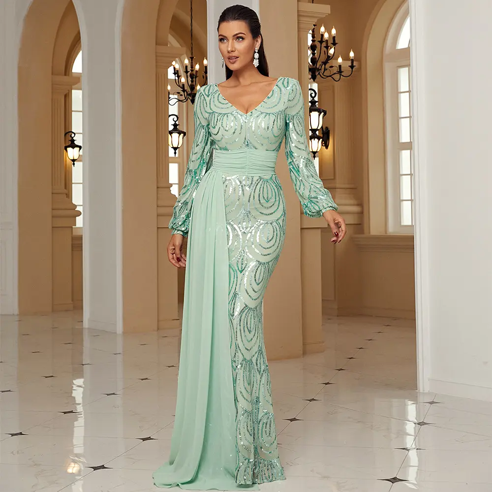 Long Sleeve Sexy Sequined V-neck Banquet Ribbon