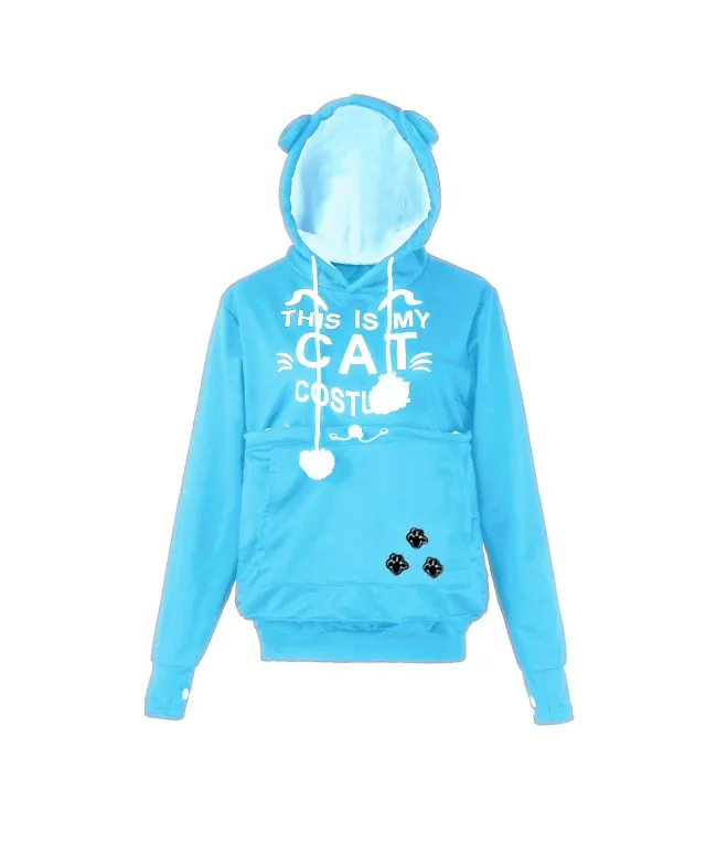 Autumn And Winter Letter Cat Face Printed Coat Alien Cat Kangaroo Long Sleeve Hooded Sweater Women Letter Light Blue - Shop at LoveMi