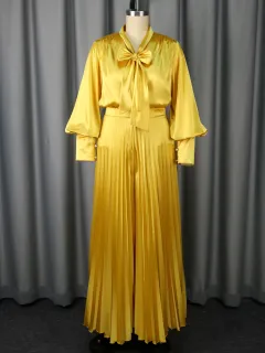 Sexy V-neck Bow Long Sleeve Top Elegant Pleated Wide Leg Trousers Suit - Gold - View 1