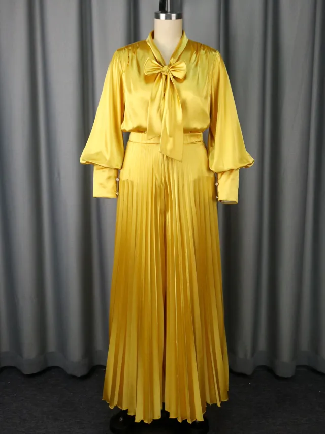 Sexy V neck Bow Long Sleeve Top Elegant Pleated Wide Leg Trousers Suit Gold - Shop at LoveMi