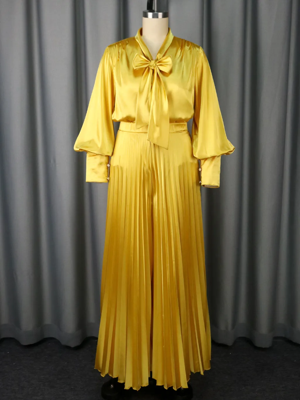 Sexy V-neck Bow Long Sleeve Top Elegant Pleated Wide Leg Trousers Suit - Gold