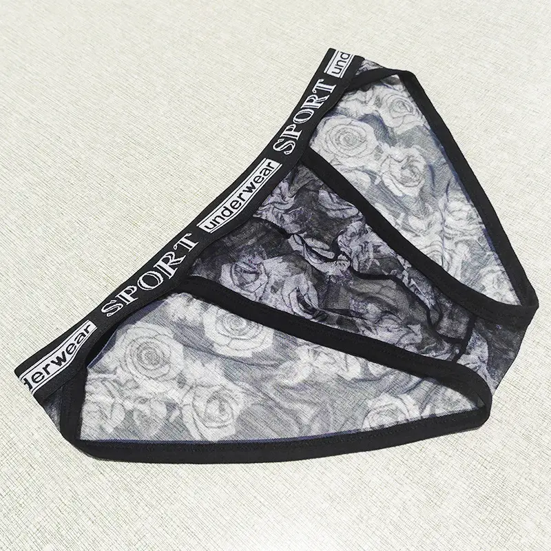 Printed Mesh Rose Men's High-slit G-string Panties See-through