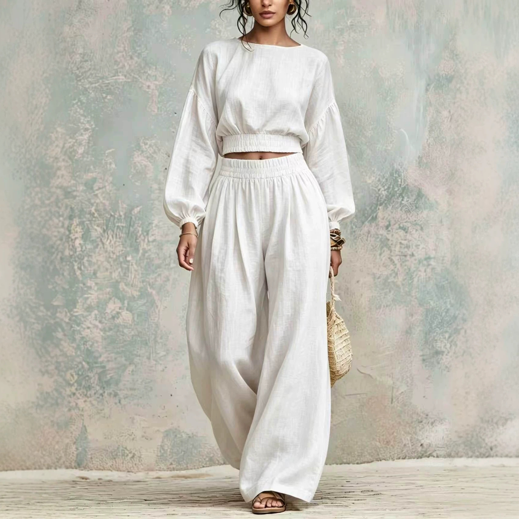 Round-neck Puff-sleeve Crop Top And Draping Wide-leg Pants Two-piece Set